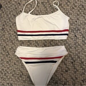 White Bikini Set with Red and Blue Stripes